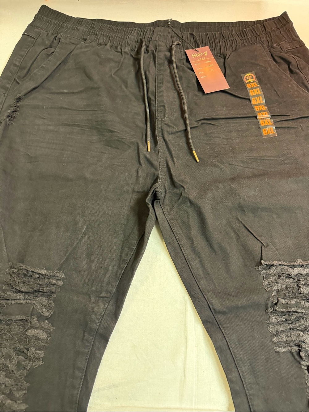 Men's Black Distressed Jogger Pants with Drawstring